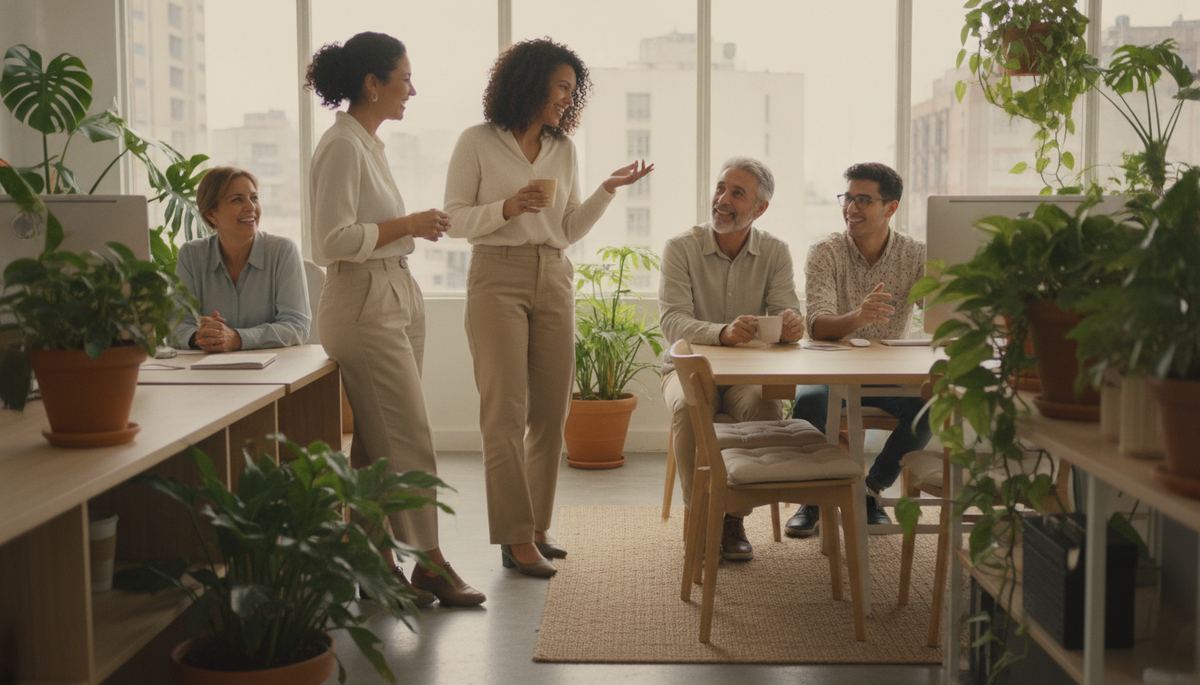 Equipo de trabajo multigeneracional conversando en una oficina luminosa